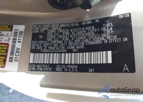 2010 Toyota Sienna Le из США, поврежденный, VIN 5TDKK4CC2AS294869